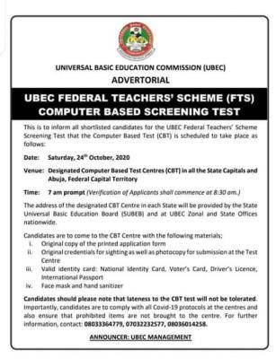 UBEC Federal Teachers Scheme CBT screening date and details