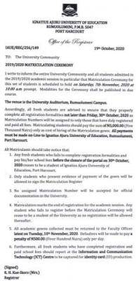 IAUE Important Notice on 2019/2020 Matriculation Ceremony