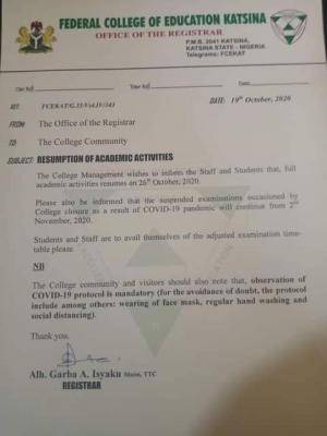 Federal College of Education katsina resumption date