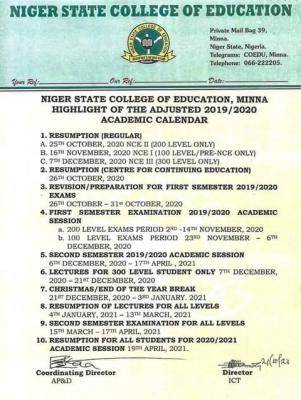 Niger State College of Education revised academic calendar for 2019/2020 session